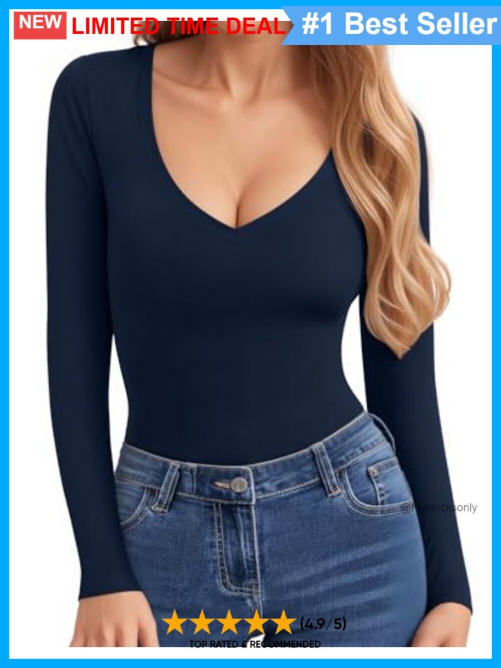 Deep V Neck Long Sleeve Fitted T-Shirt Sexy Stretchy Top